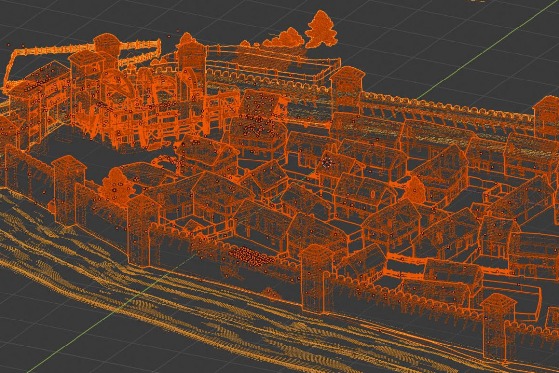 Modelo 3D de la reconstrucción virtual de Vitoria-Gasteiz en el Siglo XII. Wireframe Blender.